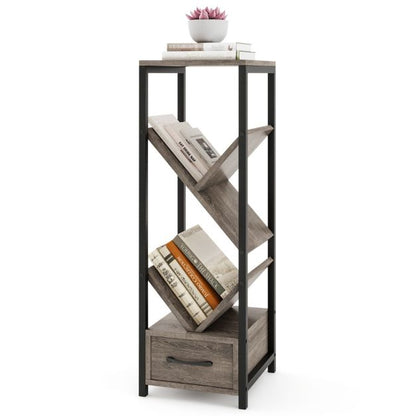 4 Tier Floor Standing Tree Bookshelf with Drawer for Small Space-Grey