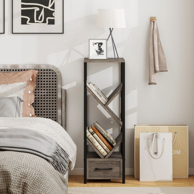 4 Tier Floor Standing Tree Bookshelf with Drawer for Small Space-Grey