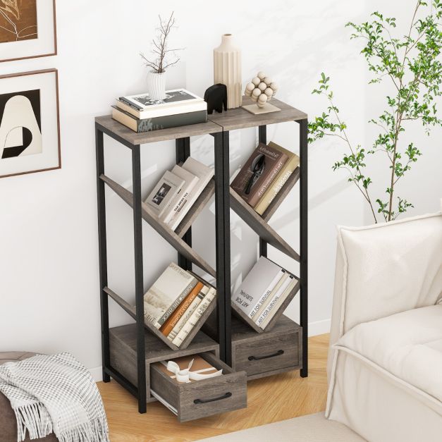 4 Tier Floor Standing Tree Bookshelf with Drawer for Small Space-Grey
