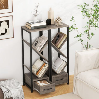 4 Tier Floor Standing Tree Bookshelf with Drawer for Small Space-Grey