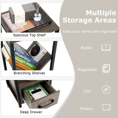 4 Tier Floor Standing Tree Bookshelf with Drawer for Small Space-Grey