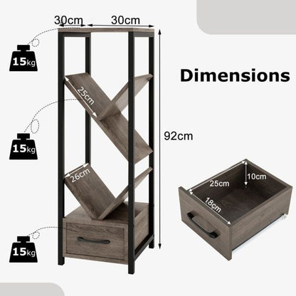 4 Tier Floor Standing Tree Bookshelf with Drawer for Small Space-Grey