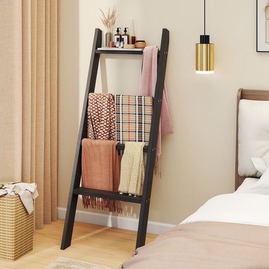 4-Tier Wooden Blanket Ladder 137 cm Wall Leaning Quilt Holder for Storage and Display-Black