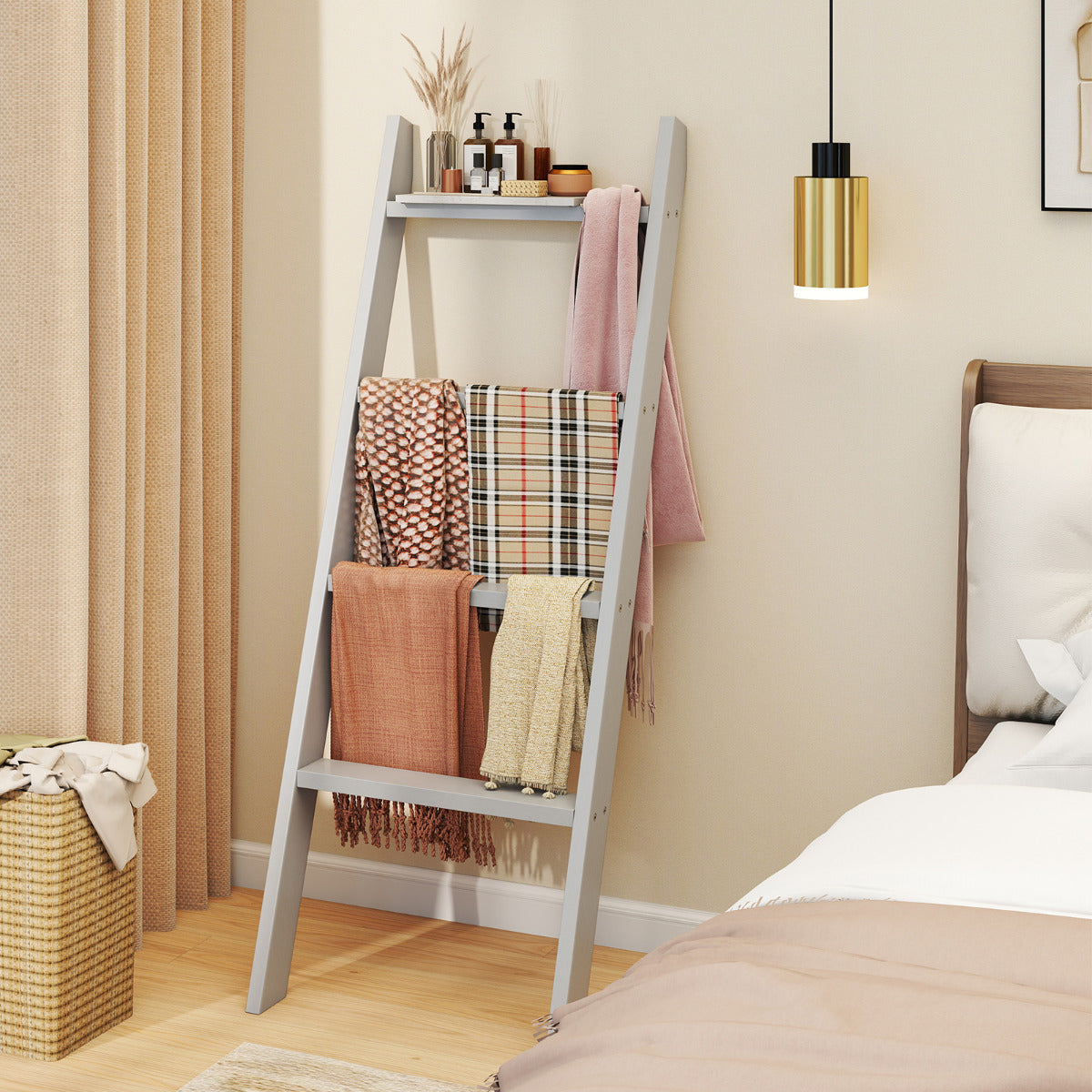 4-Tier Wooden Blanket Ladder 137 cm Wall Leaning Quilt Holder for Storage and Display-Grey
