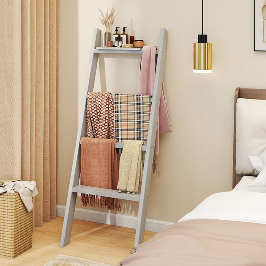 4-Tier Wooden Blanket Ladder 137 cm Wall Leaning Quilt Holder for Storage and Display-Grey