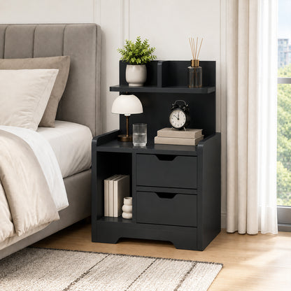 HOMCOM Bedside Table, Small Bedside Cabinet with 2 Drawers and Storage Shelves for Bedroom, Black Wood Effect