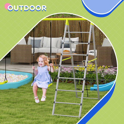 Outsunny 4 in 1 Metal Garden Swing Set with Double Swings Climber Climbing Net Green