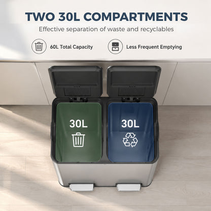 HOMCOM 2 x 30L Double Kitchen Bin, Stainless Steel Pedal Rubbish Bin with Dual Compartments, Soft Close Lids, Silver Tone