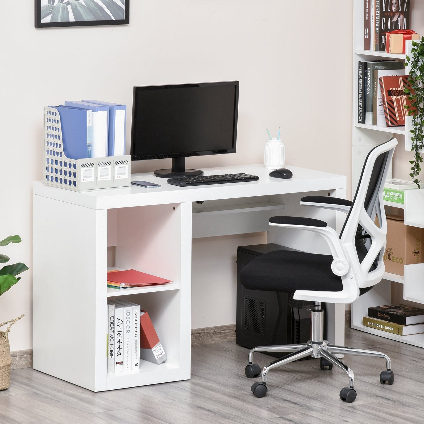 Rectangle Computer Desk Thick Board with Shelves Home Office Table, White