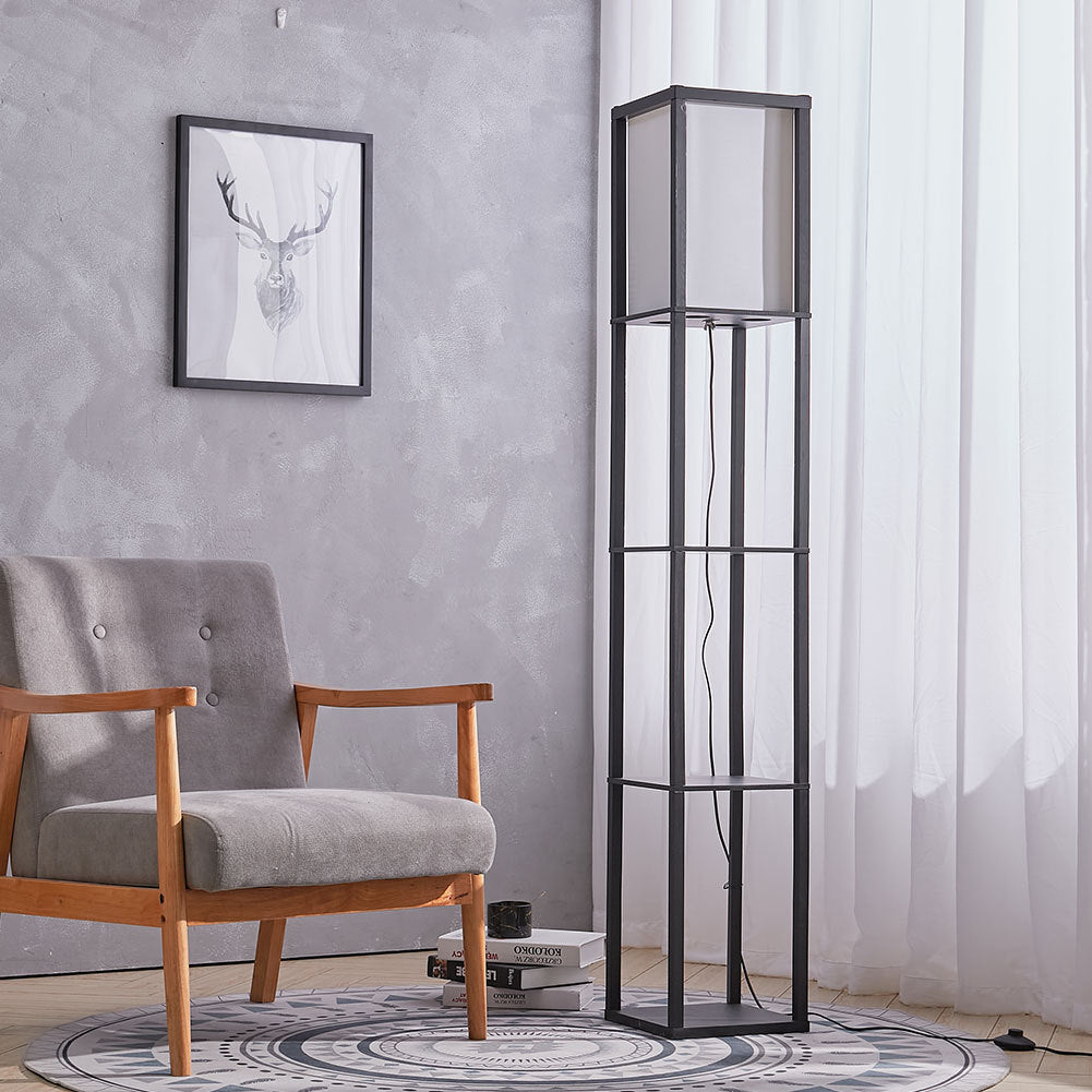 Wooden Floor Lamp with Shelves 3 Layers Open Storage Shelves