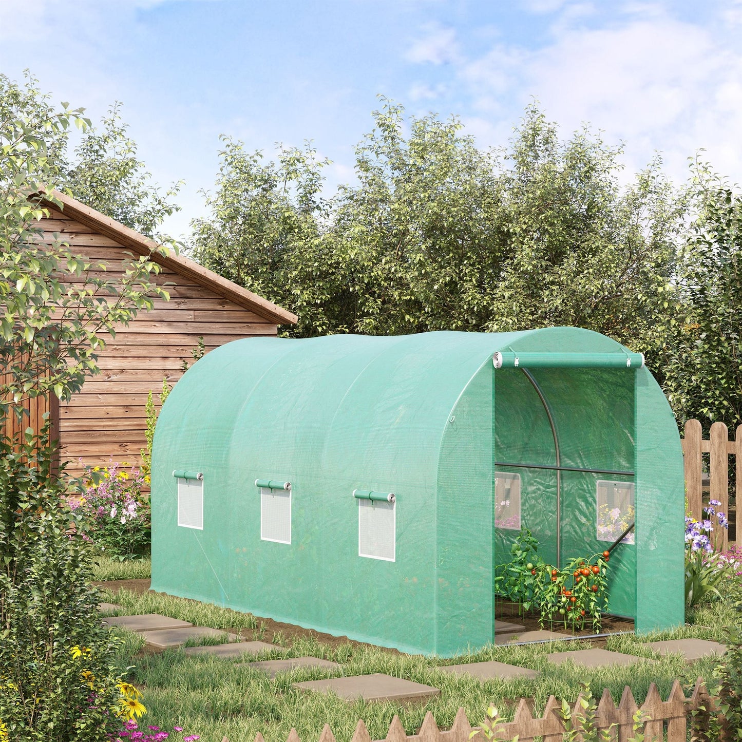 Outsunny 4L x 2W x 2H Polytunnel Greenhouse Garden Flower Vegetable Planter 25mm Diameter Galvanised Steel Frame w/ Zipped Door-Green