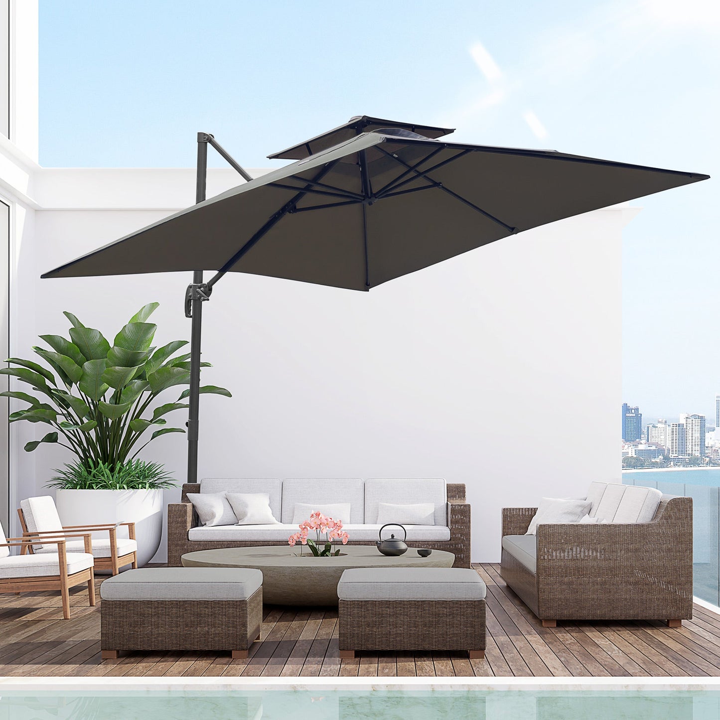 Outsunny Cantilever Parasol 360 Degree Rotation Angle Adjustment Outdoor Market Garden Umbrella - Dark Grey