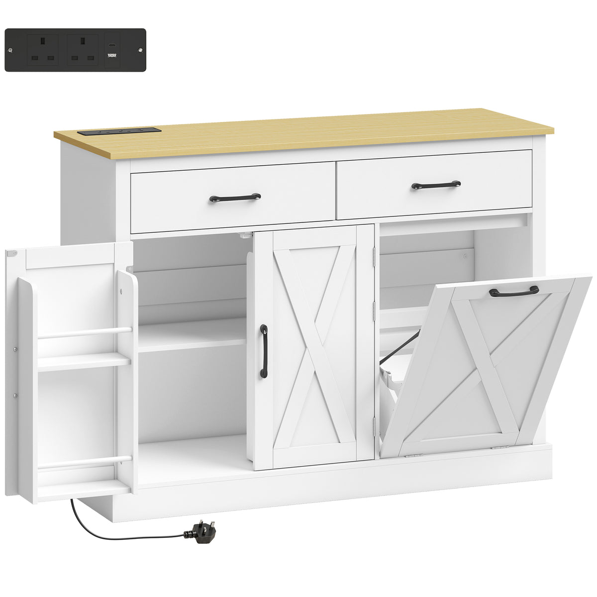 HOMCOM Tilt Out Trash Cabinet with Charging Station, Kitchen Island with Storage, 57 Liter Hidden Rubbish Bin Storage, White