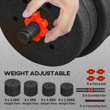 HOMCOM 30kg 2 W 1 Regulowany Zestaw Hantel, Hantle Ręczne Sztanga do Fitnessu Ciała, Trening Podnoszenia dla Domu, Biura, Siłowni, Czarny