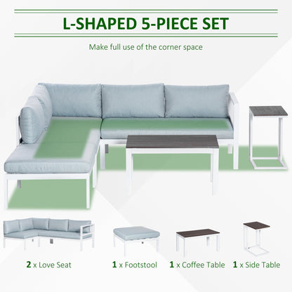 Outsunny 5-Piece L-shaped Garden Furniture Set, Aluminium Conversation Set, Corner Sofa Set with Coffee Table End Table Cushions, White Frame