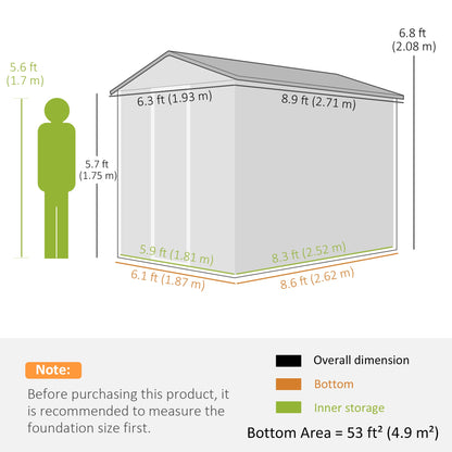 Outsunny 9x 6FT Metalowy zewnętrzny domek ogrodowy, ocynkowany domek narzędziowy ze skośnym dachem, zamykane drzwi na patio i trawnik, zielony