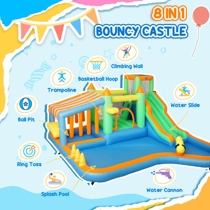 AIYAPLAY 8 in 1 Inflatable Bounce House with 550W Blower, Slide, 2 Pools, Basketball Hoop, Climbing Wall, Water Gun, Ring Toss