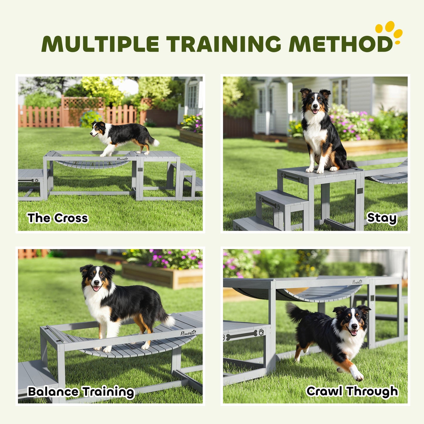 PawHut 3 Pieces Wooden Dog Agility Training Equipment with Soft Bridge, Pause Platform and Pet Stair for Outdoor, Grey