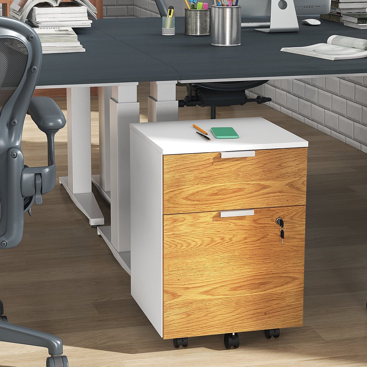 2 Drawer Filing Cabinet with Lock and Wheels, Mobile File Cabinet with Adjustable Hanging Bars for A4 and Letter, Under Desk Office