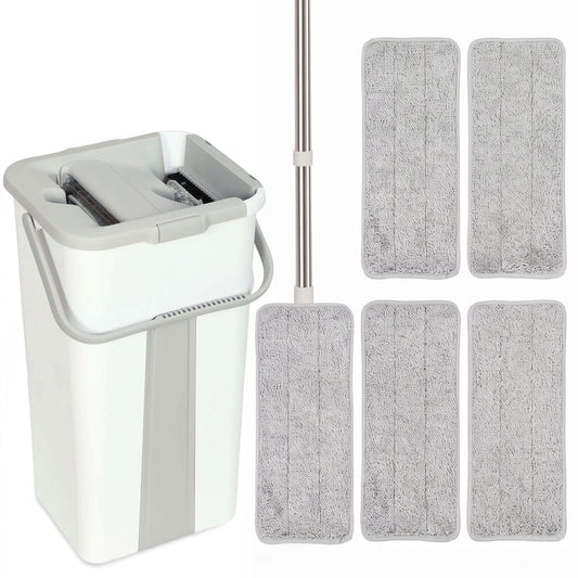 HOMCOM Mop and Bucket Set, Compact Flat Mop System with Wringer, 2-Chamber Design, 5 Reusable Pads, 127cm Handle, White