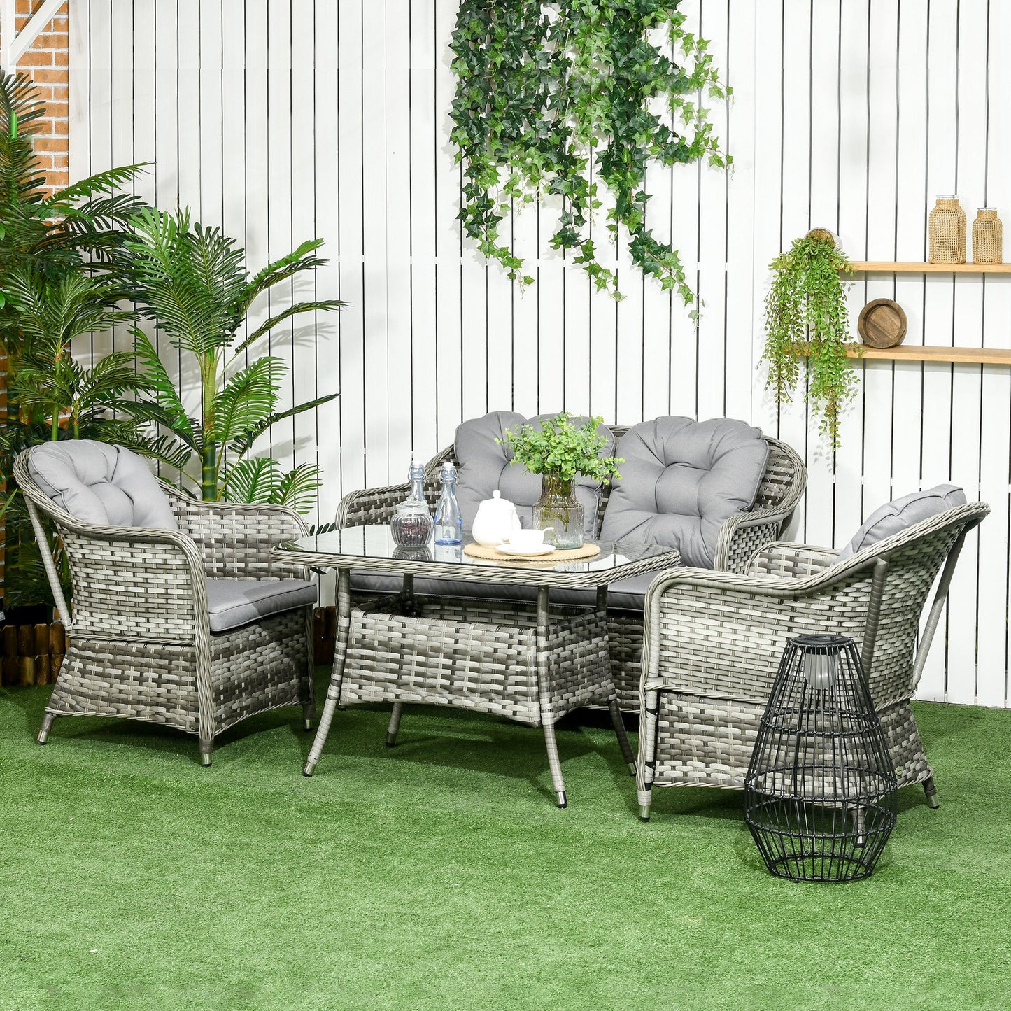 Outsunny 4 Pieces Outdoor PE Rattan Garden Furniture, Patio Round Wicker Woven Conversation Sofa Set w/ Padded Cushions and Tempered Glass Top Table For Balcony, Pool, Backyard, Sand