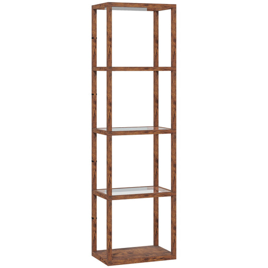 HOMCOM LED Floor Lamp with Glass Shelves, 4 Layers Dimmable Tall Standing Lamp, Modern Column Shelf Floor Light for Living Room, Bedroom, Office, Rustic Brown