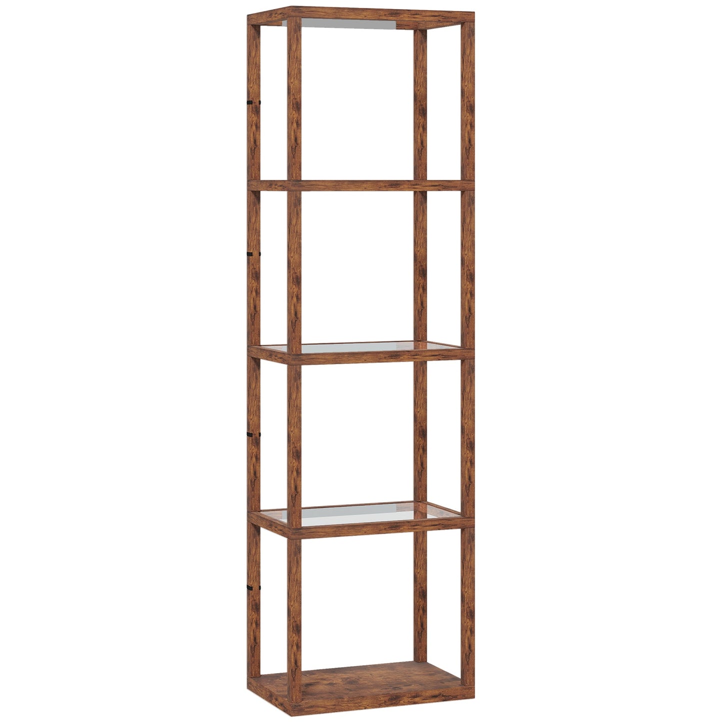 HOMCOM LED Floor Lamp with Glass Shelves, 4 Layers Dimmable Tall Standing Lamp, Modern Column Shelf Floor Light for Living Room, Bedroom, Office, Rustic Brown