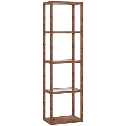 HOMCOM LED Floor Lamp with Glass Shelves, 4 Layers Dimmable Tall Standing Lamp, Modern Column Shelf Floor Light for Living Room, Bedroom, Office, Rustic Brown