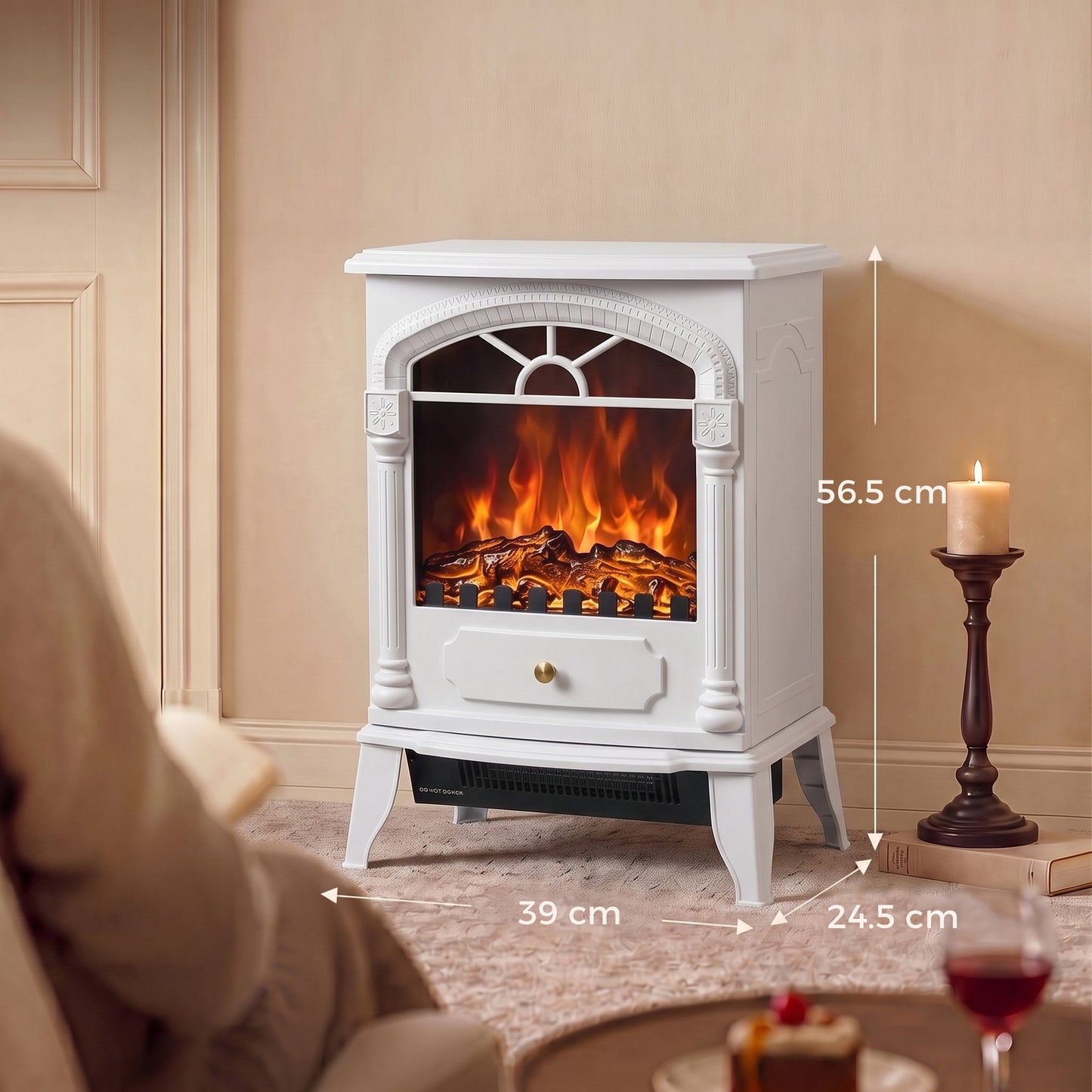 HOMCOM Freestanding Portable Fireplace, Electric Fireplace Stove Heater with 3D Flame Effect and Adjustable Thermostat, White
