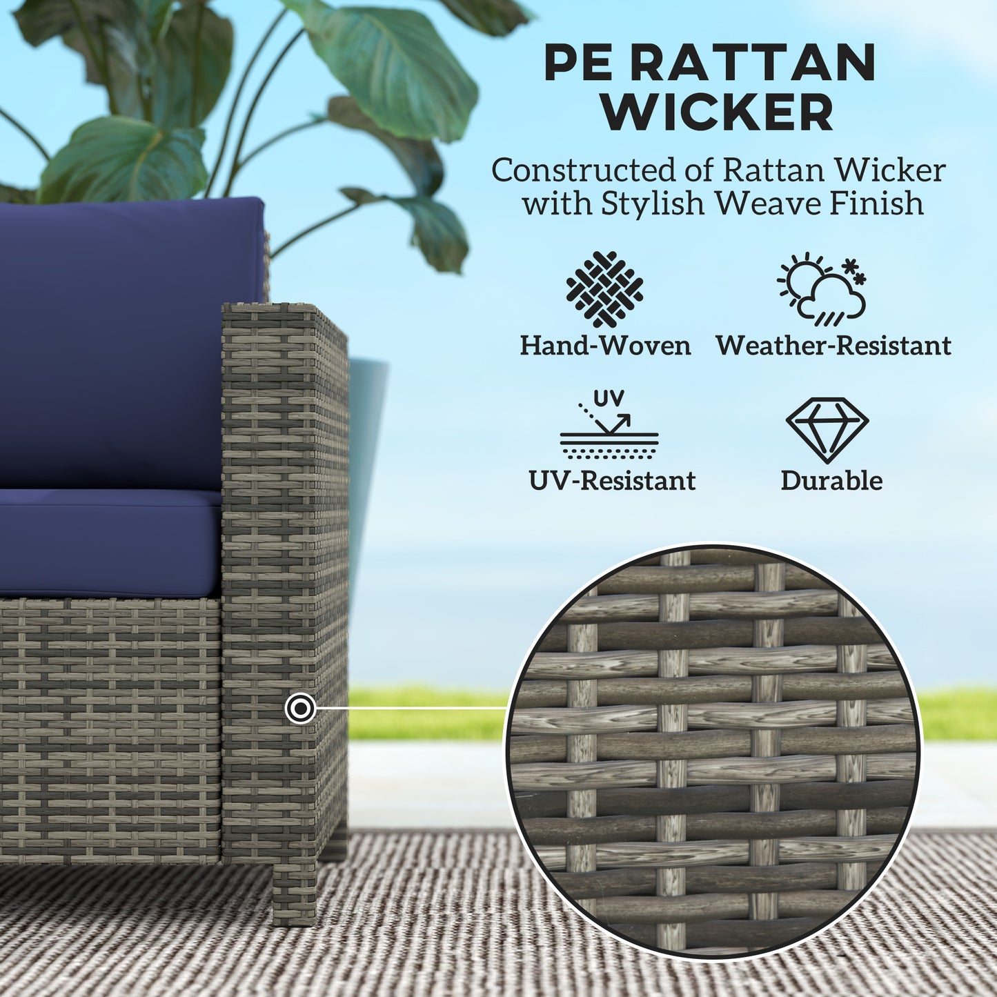 Outsunny 2-osobowe meble ogrodowe, sofa rattanowa z miękką wyściełaną poduszką i podłokietnikami, wiklinowa ogrodowa sofa dwuosobowa na patio, granatowa