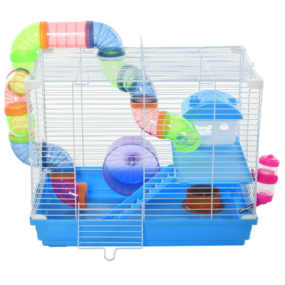 Pawhut 2 Tier Hamster Cage Carrier Habitat Small Animal House with Exercise Wheels Tunnel Tube Water Bottle Dishes House Ladder for Dwarf Mice, Blue