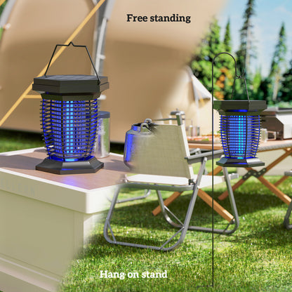 Elektryczna pułapka na muchy Outsunny 2 w 1 z lampą UVA, wisząca lampa ogrodowa, solarna i ładowana przez USB-DC, pułapka na owady i komary, do użytku wewnątrz i na zewnątrz, czarna