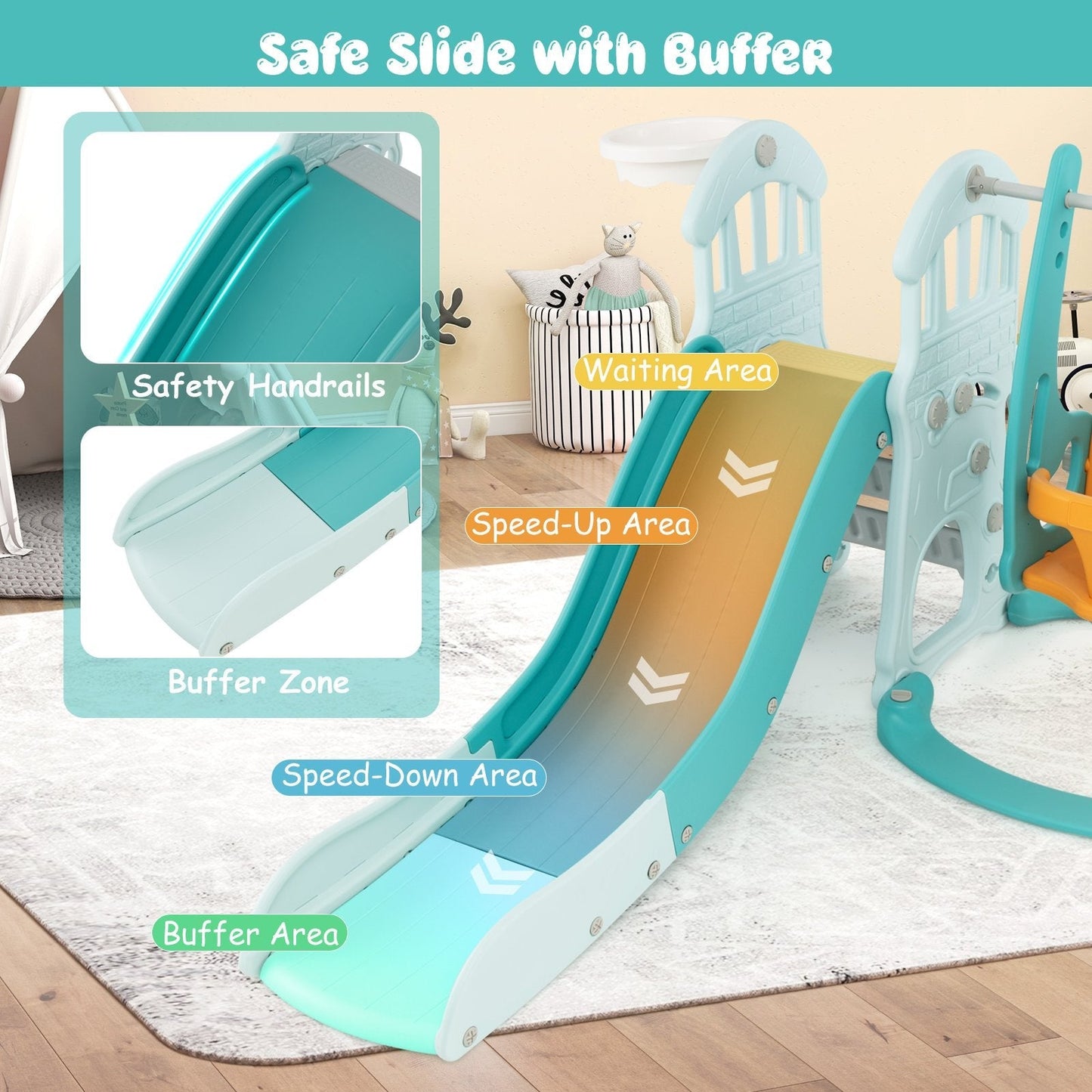 4-in-1 Toddler Slide and Swing Set with Foldable Extra-long Slide-Green
