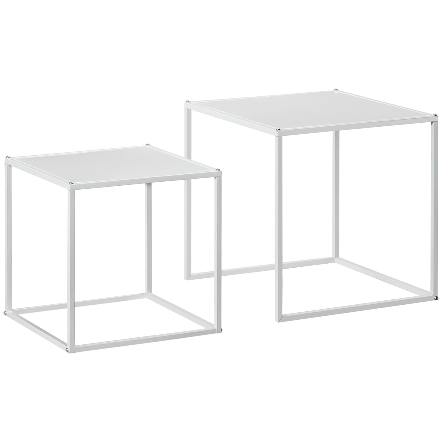 Zestaw 2 stolików kawowych HOMCOM Square Nesting, nowoczesny zestaw stolików, stoliki boczne do sofy ze stalową ramą do salonu, sypialni, małych pomieszczeń, biały