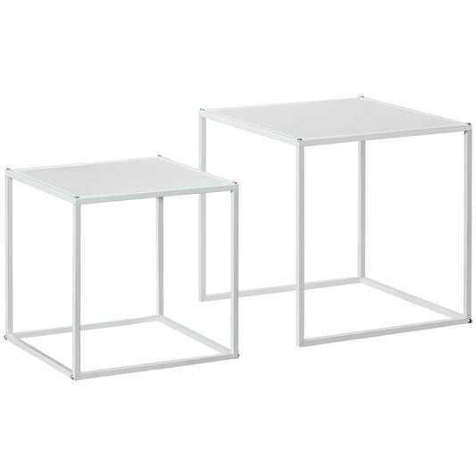 Zestaw 2 stolików kawowych HOMCOM Square Nesting, nowoczesny zestaw stolików, stoliki boczne do sofy ze stalową ramą do salonu, sypialni, małych pomieszczeń, biały