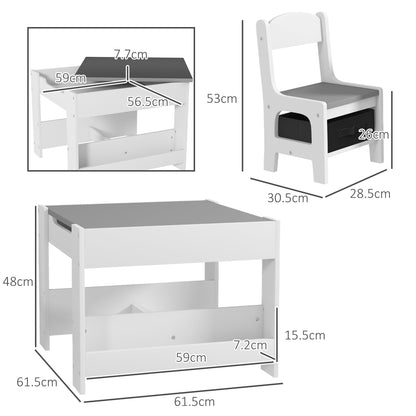 3 Piece Kids Table And Chair Set with Blackboard, Storage, Bookshelves, Grey