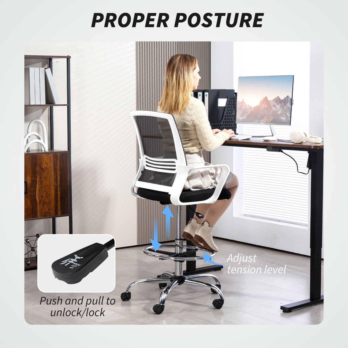 Krzesło kreślarskie HOMCOM, siatkowe krzesło kreślarskie, ergonomiczne krzesło biurowe z podparciem lędźwiowym, regulowany podnóżek, czarne