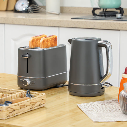 Zestaw czajnika i tostera HOMCOM, czajnik 1,7 l 3000 W do szybkiego gotowania i toster na 2 kromki, zestaw kuchenny z 6 poziomami sterowania, rozmrażaniem, podgrzewaniem, szary