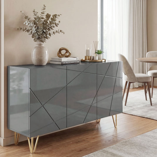 HOMCOM Modern Luxe High Gloss Sideboard, with Hairpin Legs, Grey