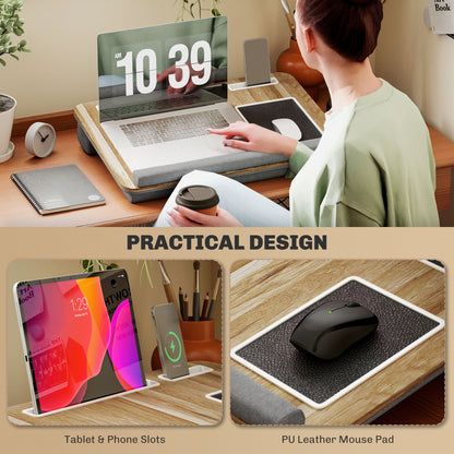 HOMCOM Lap Desk for Bed Sofa, Laptop Tray with Cushion Mouse Pad, Wrist Rest & Phone Holder, Fits Up to 15.6" Laptops, Oak Grey