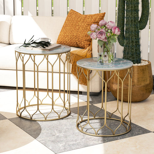 Zestaw 2 stolików bocznych Outsunny Garden Side Table, stoliki wsuwane z blatem z płytek ceramicznych, małe stoliki ogrodowe do użytku wewnątrz i na zewnątrz, wielofunkcyjne stoliki boczne z metalową ramą na patio, balkon, werandę, wielokolorowe