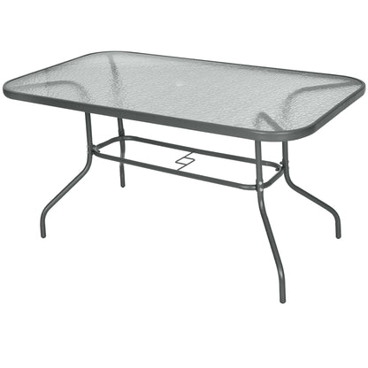 Outsunny Garden Dining Table Glass Top Metal Frame with Parasol Hole Outdoor Balcony Grey 140L x 80Wcm