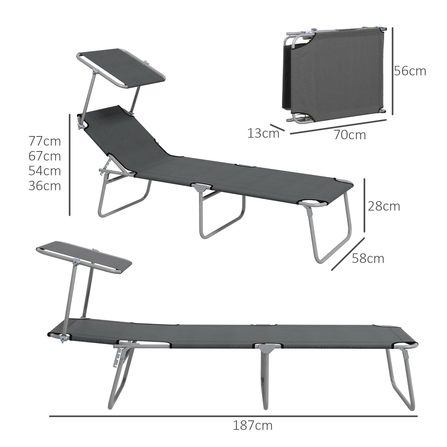 Outdoor Foldable Sun Lounger Set of 2 Reclining  Chair With Angle Adjust Sun Shade Awning for Beach, Garden, Patio, Grey