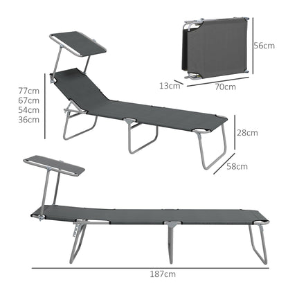 Outdoor Foldable Sun Lounger Set of 2 Reclining  Chair With Angle Adjust Sun Shade Awning for Beach, Garden, Patio, Grey