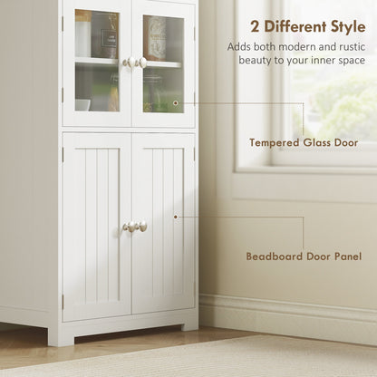 HOMCOM Freestanding Kitchen Cupboard, 4-Door Storage Cabinet with Adjustable Shelf and Glass Doors for Dining Room, Living Room, White