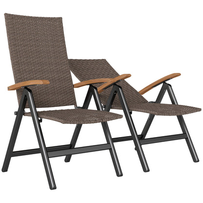 Outsunny 2 Pieces Folding Rattan Garden Dining Chairs with 5-level Reclining High Back, Wood Armrests for Outdoor - Brown