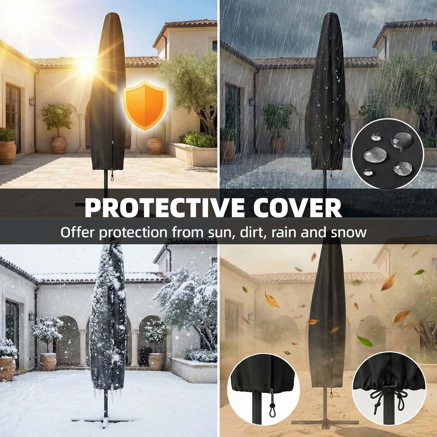 Outsunny 3 x 3 m Garden Cantilever Parasol with Light, Umbrella with Wind Protection, 360Â° Rotation, Khaki