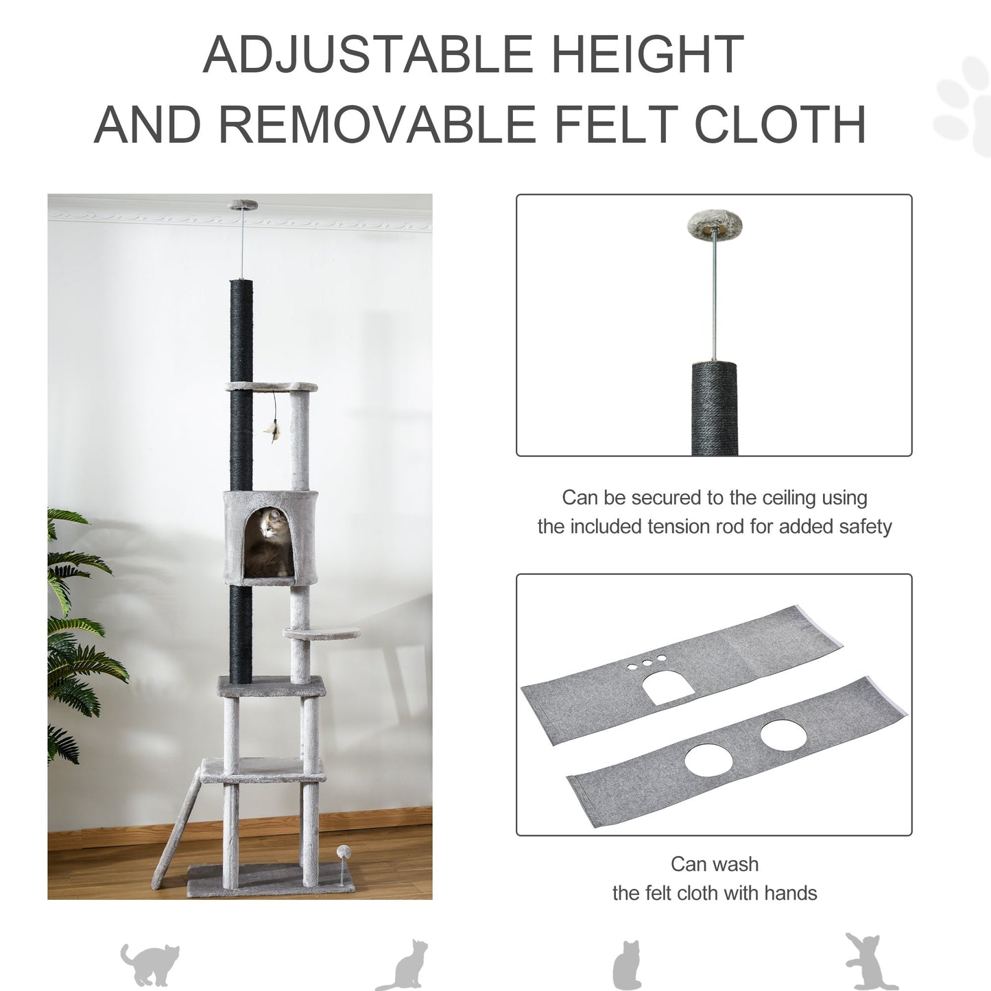 PawHut 255cm Cat Climbing Tree Adjustable Kitty Activity Center Floor-to-Ceiling Cat Climber Toy with Double Condo Play Rest Post Light Grey