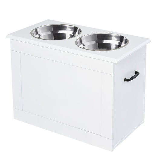 PawHut Raised Pet Feeding Storage Station with 2 Stainless Steel Bowls Base for Large Dogs and Other Large Pets, White