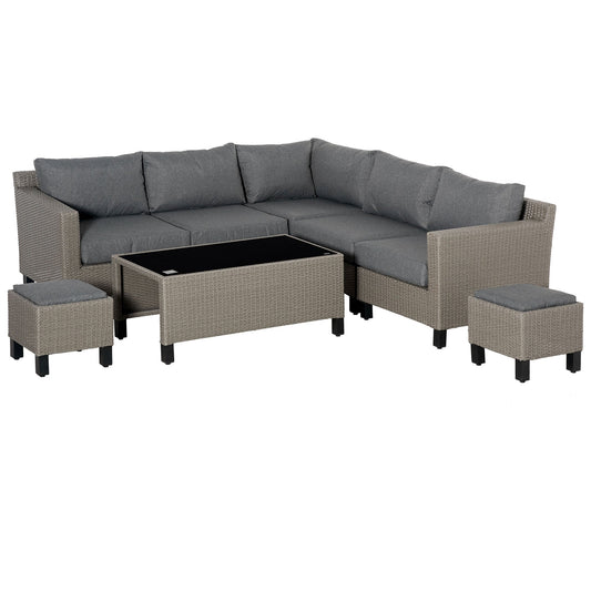 Outsunny 7-Seater PE Rattan Sofa Set Wicker Garden Furniture Patio Conservatory Corner Sofa, w/ Tempered Glass Coffee Table & Cushions, Grey